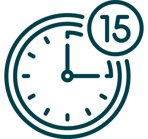 Icon of a clock showing 12:00 with a 15-minute timer.