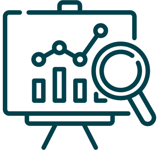 Icon of data analysis with graph and magnifying glass on a board.