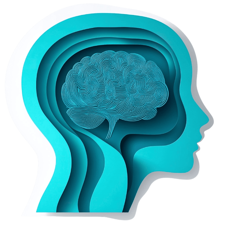 Layered human head silhouette with a brain illustration inside.